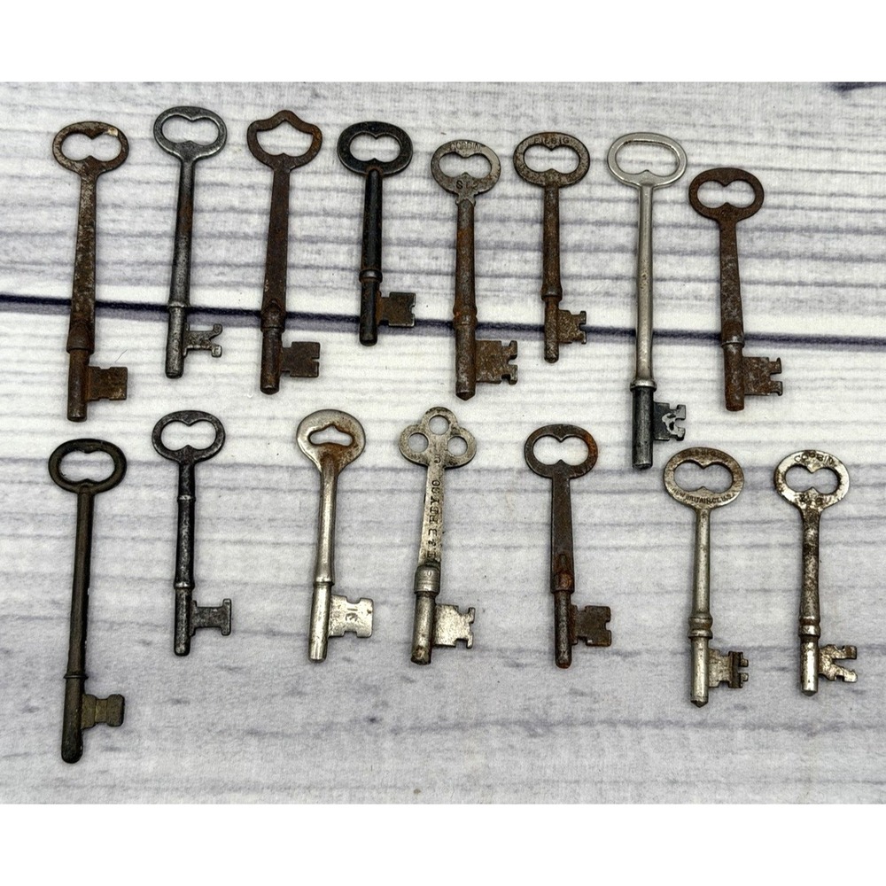LOT OF 15 ANTIQUE SKELETON KEYS - R & E MFG CO, CORBIN, T & B FDY CO AND MORE